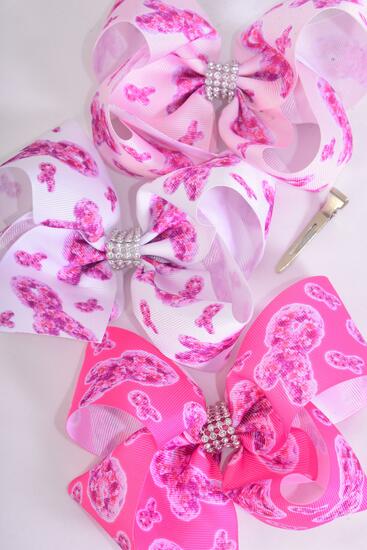 Hair Bow Jumbo Pink Ribbon Grosgrain Bow-tie / 12 pcs Bow = Dozen Alligator Clip , Size - 6" x 5 Wide , 4 White , 4 Baby Pink , 4 Hot Pink Color Asst , Clip Strip & UPC Code