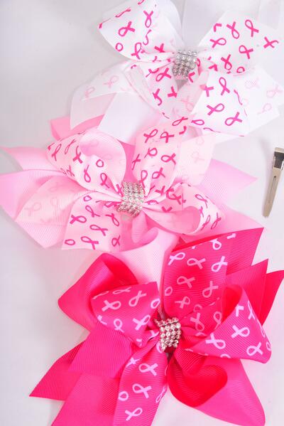 Hair Bow Jumbo Double Layered Pink Ribbon Grosgrain Bow-tie / 12 pcs Bow = Dozen Alligator Clip , Size - 6" x 6" Wide , 4 of each Pattern Asst , Clip Strip & UPC Code