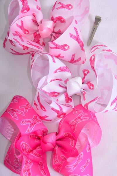 Hair Bow Jumbo Pink Ribbon Grosgrain Bow-tie / 12 pcs Bow = Dozen Alligator Clip , Size - 6" x 5 Wide , 4 White , 4 Baby Pink , 4 Hot Pink Color Asst , Clip Strip & UPC Code