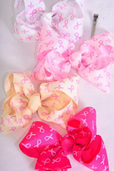 Hair Bow Jumbo Pink Ribbon Grosgrain Bow-tie / 12 pcs Bow = Dozen Alligator Clip , Size-6"x 5" Wide , 3 White , 3 Baby Pink , 3 Cream , 3 Fuchsia Color Asst , Clip Strip & UPC Code