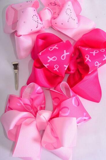 Hair Bow Jumbo Pink Ribbon Grosgrain Bow-tie / 12 pcs Bow = Dozen Alligator Clip , Size - 6" x 5" Wide , 4 Of Each Pattern , Clip Strip & UPC Code