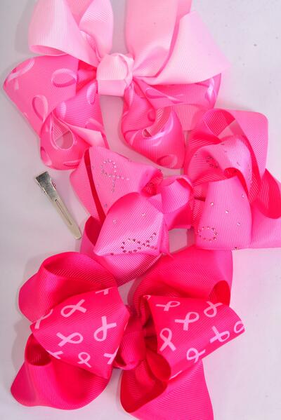 Hair Bow Jumbo Pink Ribbon Grosgrain Bow-tie / 12 pcs Bow = Dozen Alligator Clip , Size-6"x 5" Wide , 4 Of Each Pattern , Clip Strip & UPC Code