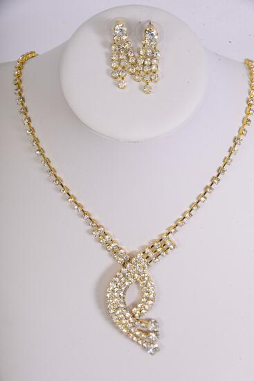 Necklace Sets Gold Rhinestone / Sets Post , Size - 18 inch , Extension Chain , W Black Velvet Display Card & OPP Bag & UPC Code