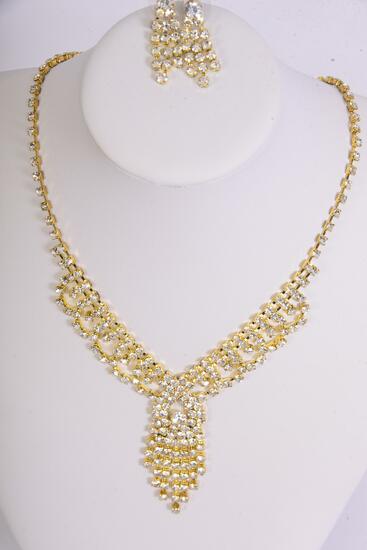 Necklace Sets Gold Rhinestones / Sets Post , Size - 18 inch , Extension Chain , Black Velvet Display Card & OPP Bag & UPC Code