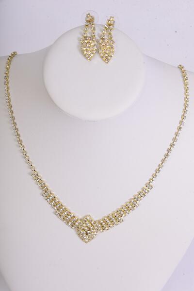 Necklace Sets Marquis Cut W Rhinestones / Set Post , Size - 18 inches , Extension Chain , Black Velvet Display Card & OPP Bag & UPC Code