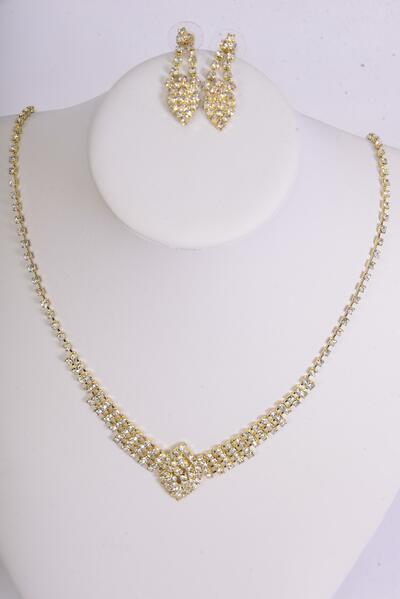 Necklace Sets Marquis Cut W Rhinestones / Set Post , Size - 18 inch , Extension Chain , Black Velvet Display Card & OPP Bag & UPC Code