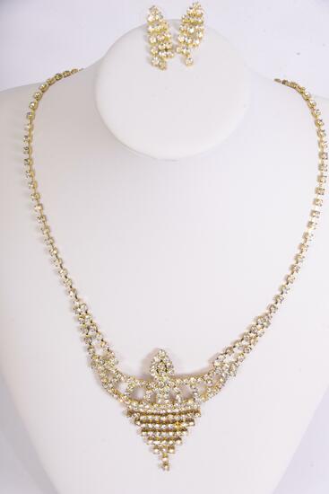 Necklace Sets Fancy Design w Rhinestones Gold / Sets Gold , Post , 18" Long Extension Chain , W Black Velvet Display Card & OPP Bag & UPC Code 