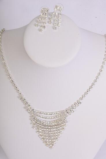 Necklace Sets Rhinestones Silver Post / Sets Silver , Size - 18 inch , Extension Chain , Black Velvet Display Card & OPP Bag & UPC Code