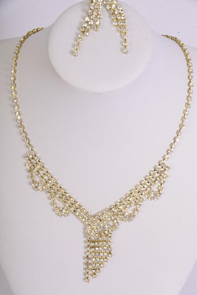 Necklace Sets Gold Rhinestones / Sets Post , Size - 18 inches , Extension Chain , Black Velvet Display Card & OPP Bag & UPC Code