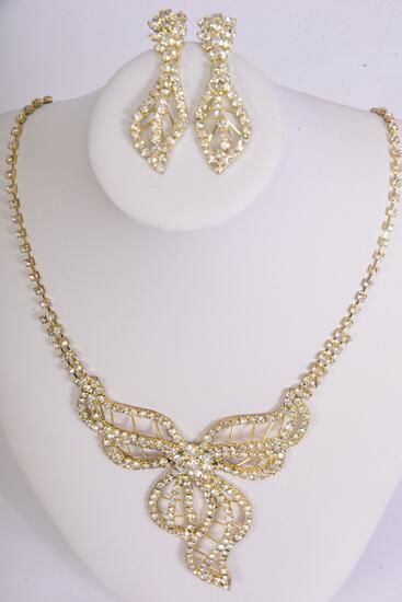 Necklace Sets Flower Gold Clear Rhinestones / Sets Post , 18" Long Extension Chain , Black Velvet Display Card & OPP Bag & UPC Code