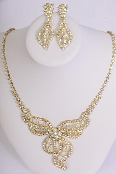 Necklace Sets Flower Gold Clear Rhinestones / Sets Post , 18" Long Extension Chain , Black Velvet Display Card & OPP Bag & UPC Code