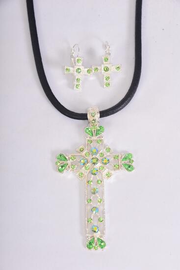Necklace Sets Large Cross Lime Green Rhinestone / Sets  Lime , Size -18 " , French Post , Cross Size - 3.5" x 2" Wide , Earring - 1" x 0.75" Wide , Extenstion Chain,Display Card & OPP Bag & UPC Code