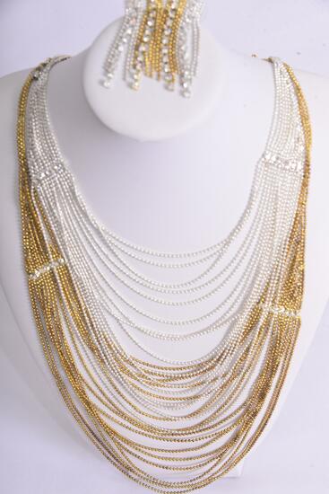 Necklace Sets Strand Mesh Silver With Rhinestones / 12 Sets = Dozen Post , 18"  W Extenstion Chain , Velvet Display Card & OPP bag & UPC Code , Choose Gold or Silver Finises