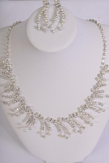 Necklace Sets Silver Rhinestones Post / Sets Silver , Post ,18" w Extension Chain , Black Velvet Display Card & OPP bag & UPC Code