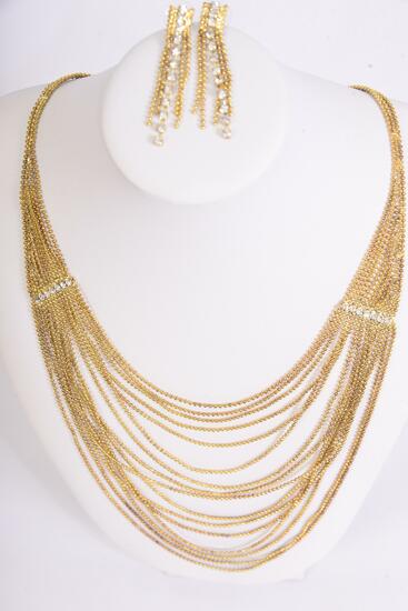 Necklace Sets Strand Mesh Gold With Rhinestones / 12 Sets = Dozen Gold , Post , 18" w Extension Chain , Black Velvet Display Card & OPP Bag & UPC Code -