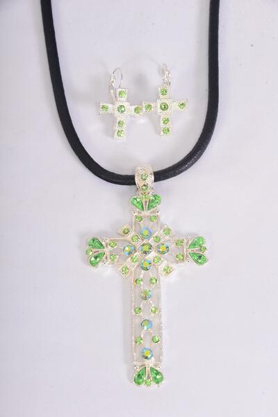 Necklace Sets Large Cross Rhinestone / Sets  French Post , Size - 18" , Cross - 3.5" x 2" Wide , Earring - 1" x 0.75" Wide , Extenstion Chain , Display Card & OPP Bag & UPC Code , Choose Colors