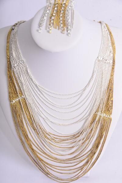 Necklace Sets Strand Mesh Silver With Rhinestones / 12 Sets = Dozen Post , 18"  W Extenstion Chain , Velvet Display Card & OPP bag & UPC Code , Choose Gold or Silver Finises