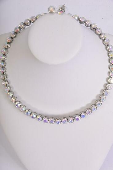 Necklace Sets Choker Iridescent CZ Cubic Zirconium / Sets POST , 16 Wide , Flexible , Magnetic Catch , Velvet Display Card & OPP Bag