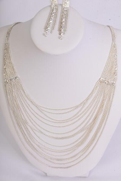 Necklace Sets Strand Mesh Silver With Rhinestones / 12 Sets = Dozen Post , 18"  W Extenstion Chain , Velvet Display Card & OPP bag & UPC Code , Choose Gold or Silver Finises