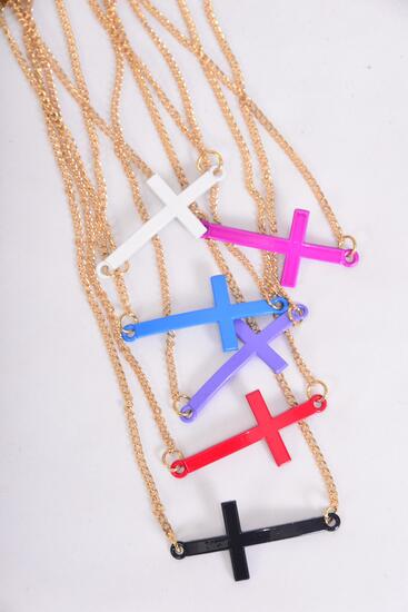 Necklace Chain Enamel Sideways Cross / 12 pcs = Dozen Cross-1.5"x 1" Wide , 20" Long , 6 Gold & 6 Silver Mix , 2 of each Color Asst , Hang Tag & OPP Bag & UPC Code