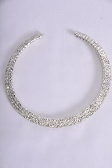 Necklace Choker 3 Layered Rhinestones Flexible Silver / PC Silver , Flexible , 16" Wide , Black Velvet Display & OPP Bag & UPC Code