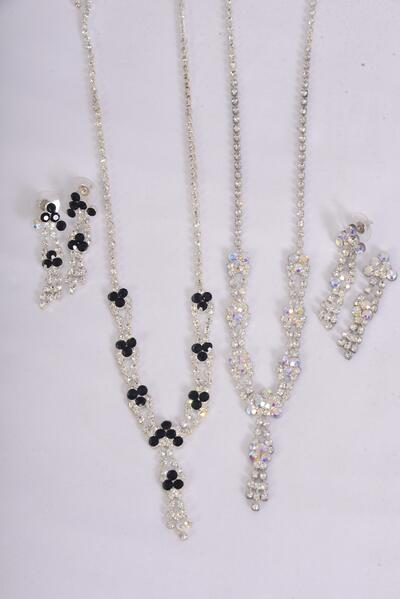 Necklace Sets Rhinestone Flowers / Sets Post , Size -18" Extension Chain , Black Velvet Display Card & OPP Bag & UPC Code , Choose Colors