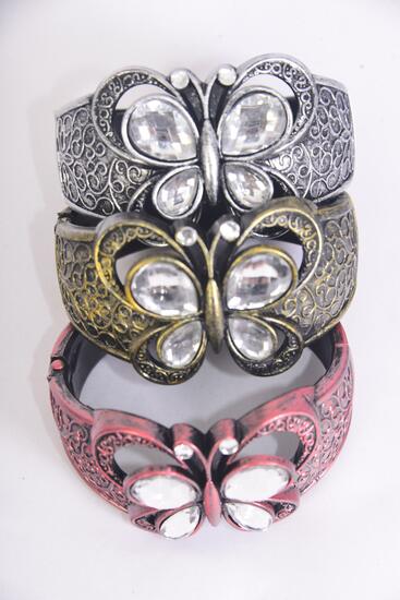 Bracelet Bangle Acrylic Hinge Butterfly Antique Finish / 12 pcs = Dozen Hinge , Size - 2.75" x 2" Dia Wide , 4 Antique Gold , Antiqu 4 Silver , 4 Copper Color Mix , Hang Tag Opp Bag UPC Code 