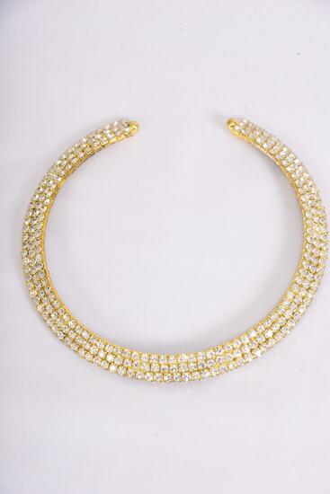 Necklace Choker 3 Layered Rhinestones Flexible Gold / PC Gold ,  Flexible , 16" Wide , Black Velvet Display & OPP Bag & UPC Code