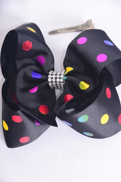 Hair Bow Jumbo Metallic Holographic Polka dots Clear Stones Black Grosgrain Bow-tie /DZ Alligator Clip , Size-6"x 5" Wide , Clip Strip & UPC Code