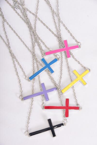 Necklace Chain Enamel Sideways Cross Multi / 12 pcs = Dozen Cross-1.5"x 1" Wide , 20" Long , 6 Gold & 6 Silver Mix , 2 of each Color Asst ,Hang Tag & OPP Bag