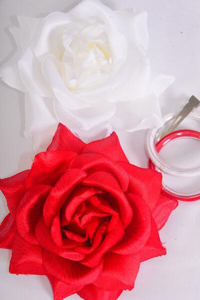 Flower Silk Tea Rose Large Poppy Red White Mix / 12 pcs Flower = Dozen Size - 5.5" Wide , Alligator Clip & Brooch & Elastic Hair Tie , Display Card & UPC Code , Clear Box