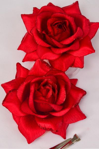 Flower Silk Flower Tea-Rose Large Glitter Trim Red / 12 pcs = Dozen Red , Size-5.5" Wide , Alligator Clip & Brooch & Elastic Pony , Hang Tag & UPC Code , W Clear Box