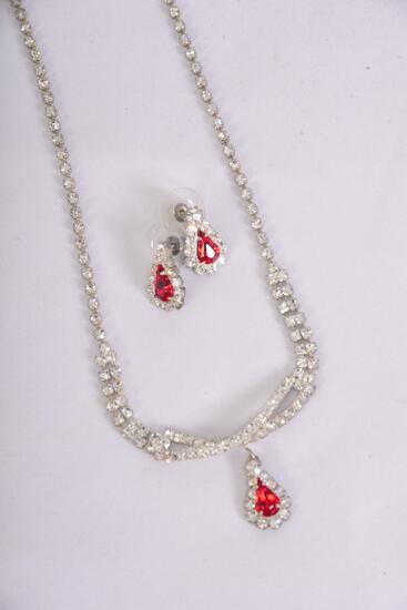 Necklace Sets Red Rhinestone Teardrop / Sets Red , Post , 18" w Extension Chain , Black Velvet Display Card & OPP Bag & UPC Code