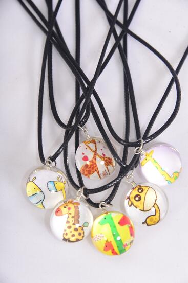 Necklace Cute Baby Giraffe Double Sided Glass Globe Dome / 12 pcs = Dozen  match 03443 Pendant Size-1.25" Wide , Necklace 18" Long Extension Chain , 2 of each Pattern Asst , Hang Tag & OPP Bag & UPC Code