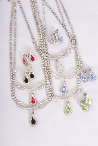 Necklace Sets Rhinestone Teardrop / Sets Post , 18" w Extension Chain , Black Velvet Display Card & OPP Bag & UPC Code , Choose Colors