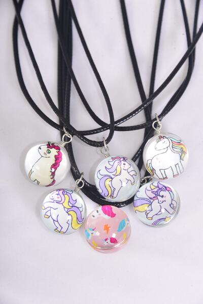Necklace Pony Double Sided Glass Globe Dome / 12 pcs = Dozen match 03447 Pendant Size-1.25" Wide , Necklace 18" Long Extension Chain , 2 of each Pattern Asst , Hang Tag & OPP Bag & UPC Code