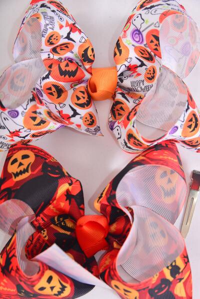 Hair Bow Jumbo Happy Halloween Grosgrain Bow-tie / 12 pcs Bow = Dozen Alligator Clip , Size - 6" x 5" Wide , 6 Of each Pattern Mix , Clip Strip & UPC Code
