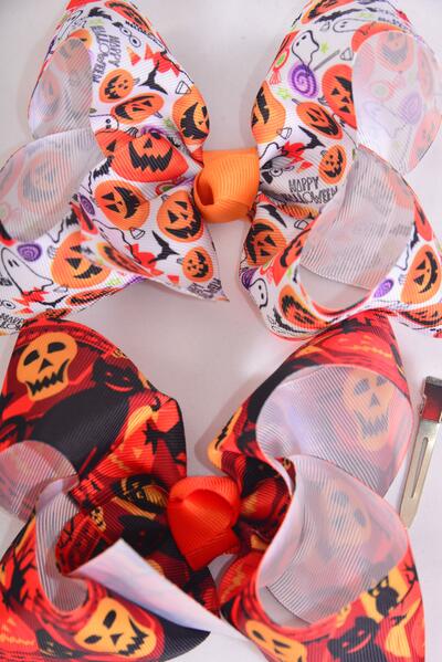 Hair Bow Jumbo Happy Halloween Grosgrain Bow-tie / 12 pcs Bow = Dozen Alligator Clip , Size-6"x 5" Wide , 6 Of each Pattern Mix , Clip Strip & UPC Code