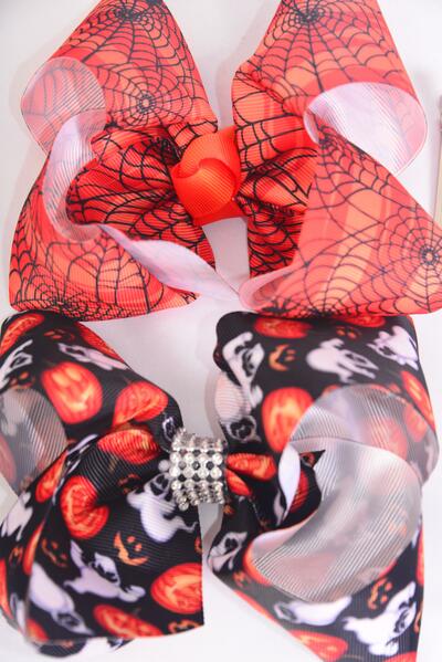 Hair Bow Jumbo Halloween Night Spider Web Mix Grosgrain Bow-tie / 12 pcs Bow = Dozen Alligator Clip , Size-6"x 5" Wide , 6 Of each Pattern Mix , Clip Strip & UPC Code