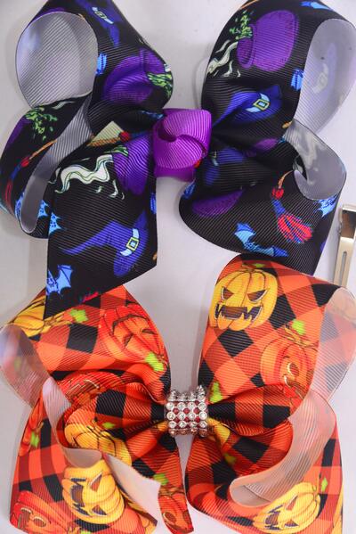 Hair Bow Jumbo Halloween Jack O&#039;lantern Cauldron Mix Grosgrain Bow-tie / 12 pcs Bow = Dozen Alligator Clip , Size - 6" x 5" Wide , 6 Of each Pattern Mix , Clip Strip & UPC Code