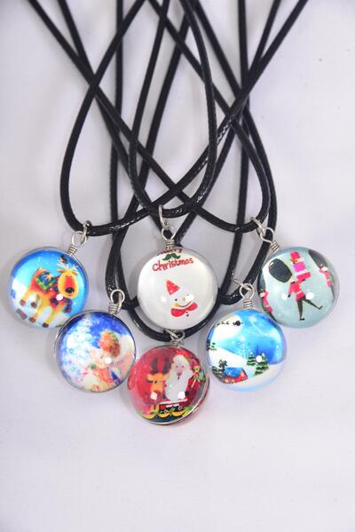 Necklace Cute Christmas Double Sided Glass Globe Dome / 12 pcs = Dozen match 03419 Pendant Size-1.25" Wide,Necklace 18" Long Extension Chain,2 of each Pattern Asst,Hang Tag & OPP Bag & UPC Code