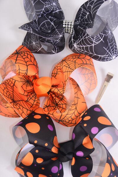 Hair Bow Jumbo Halloween Spider Web Polka dots Mix Grosgrain Bow-tie / 12 pcs Bow = Dozen  Alligator Clip , Size-6"x 5" Wide , 4 Of each Pattern Mix , Clip Strip & UPC Code