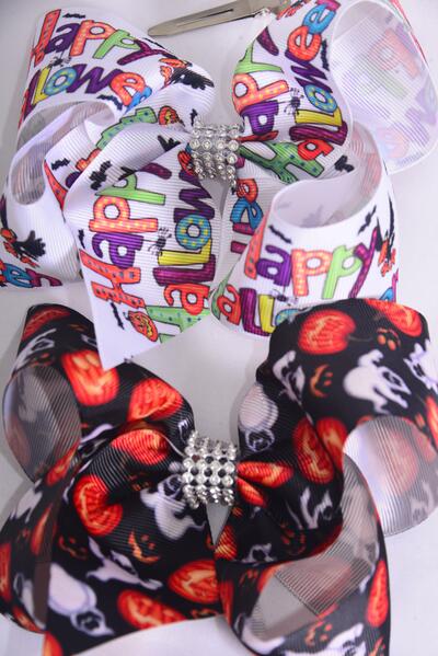 Hair Bow Jumbo Happy Halloween BOO Cute Jack O&#039;lantern Mix Grosgrain Bow-tie / 12 pcs Bow = Dozen Alligator Clip , Size - 6" x 5" Wide , 6 Of each Pattern Mix , Clip Strip & UPC Code