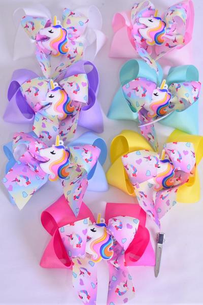 Hair Bow Jumbo Double Layered Center Unicorn Charm Grosgrain Bow-tie / 12 pcs Bow = Dozen  Alligator Clip , Size-6"x 6" ,  2 White , 2 Baby Pink , 2 Lavender , 1 Blue , 1 Yellow , 2 Hot Pink , 2 Mint Green Color Asst , Clip Strip & UPC Code