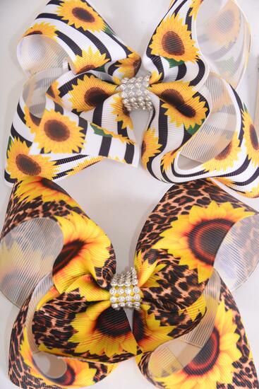 Hair Bow Jumbo Sunflower Grosgrain Bow-tie / 12 pcs Bow = Dozen Alligator Clip , Size - 6" x 5" Wide , 6 Of Each Pattern Asst , Clip Strip and UPC Code