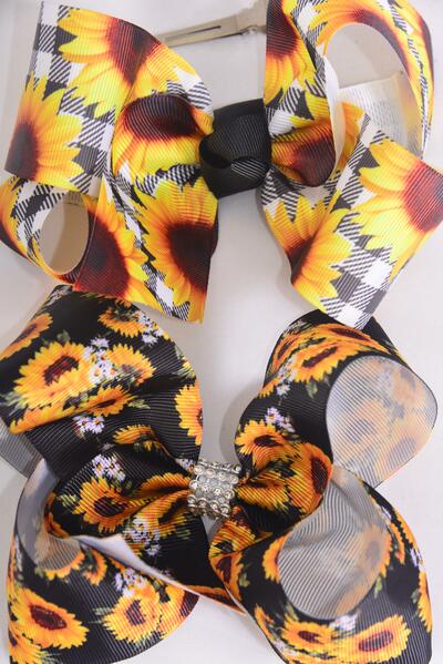 Hair Bow Jumbo Sunflower Mix Grosgrain Bow-tie / 12 pcs Bow = Dozen  Alligator Clip , Size-6"x 5" Wide , 6 Of each Pattern Asst , Clip Strip & UPC Code