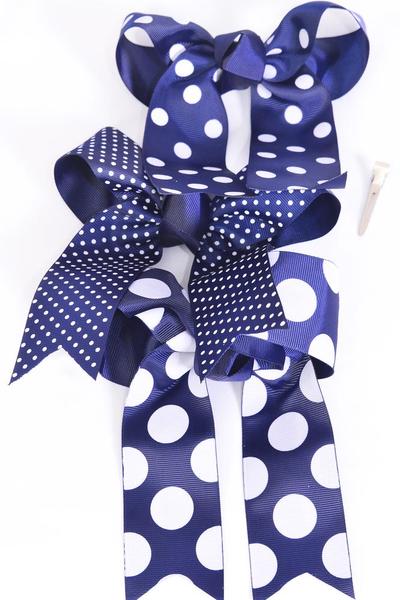 Hair Bow Jumbo Long Tail Polka dots Navy Grosgrain Bow-tie / 12 pcs Bow = Dozen Alligator Clip , Size - 6.5" x 6" Wide , 4 of each Pattern Asst , Clip Strip & UPC Code