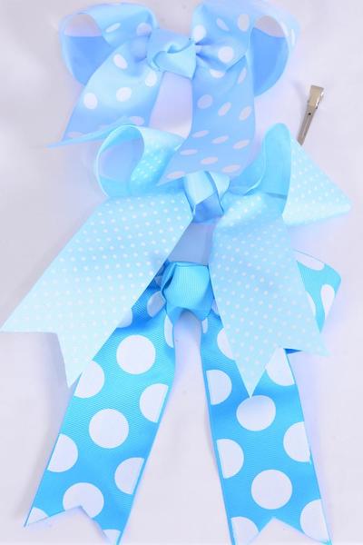 Hair Bow Jumbo Long Tail Polka Dot Blue Mix Grosgrain Bow-tie / 12 pcs Bow = Dozen Alligator Clip , Size - 6.5" x 6" Wide , 4 of each Pattern Asst , Clip Strip & UPC Code