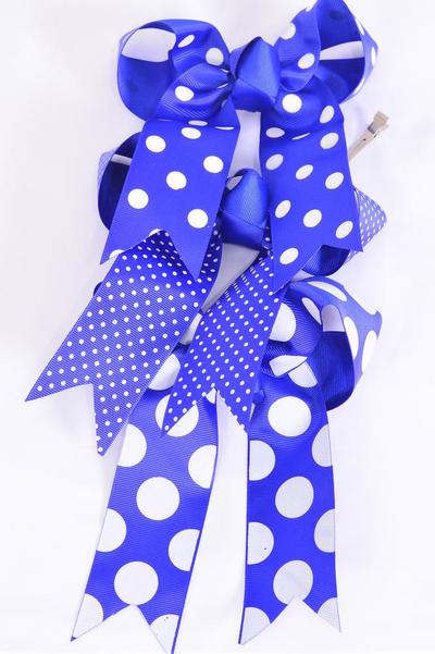 Hair Bow Jumbo Long Tail Polka dots Royal Blue Mix Grosgrain Bow-tie / 12 pcs Bow = Dozen Alligator Clip , Size - 6.5"x 6" Wide , 4 of each Pattern Asst , Clip Strip & UPC Code