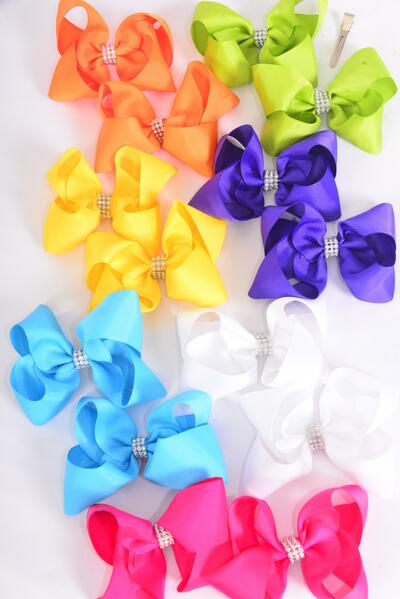 Hair Bow 24 pcs Bowtie Center Clear Stones Citrus Grosgrain Bow-tie / 24 pcs Bow = Dozen  Alligator Clip , Size - 3" x 2" Wide , 2 White , 2 Fuchsia , 2 Yellow , 2 Purple , 2 Blue , 1 Lime ,1 Orange Color Mix , Clip Strip & UPC Code